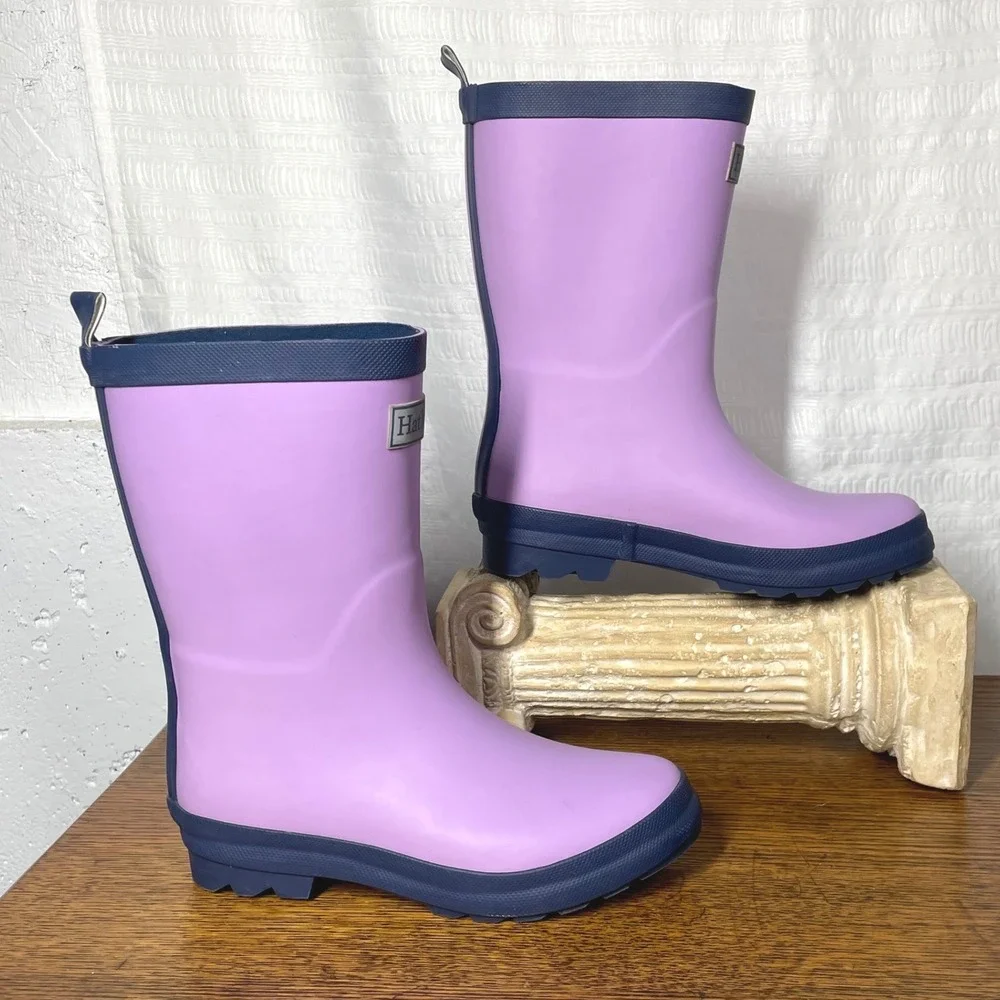 Hatley Girls Lavender Purple Navy Blue Rubber Rain Boots Size US 2 Waterproof